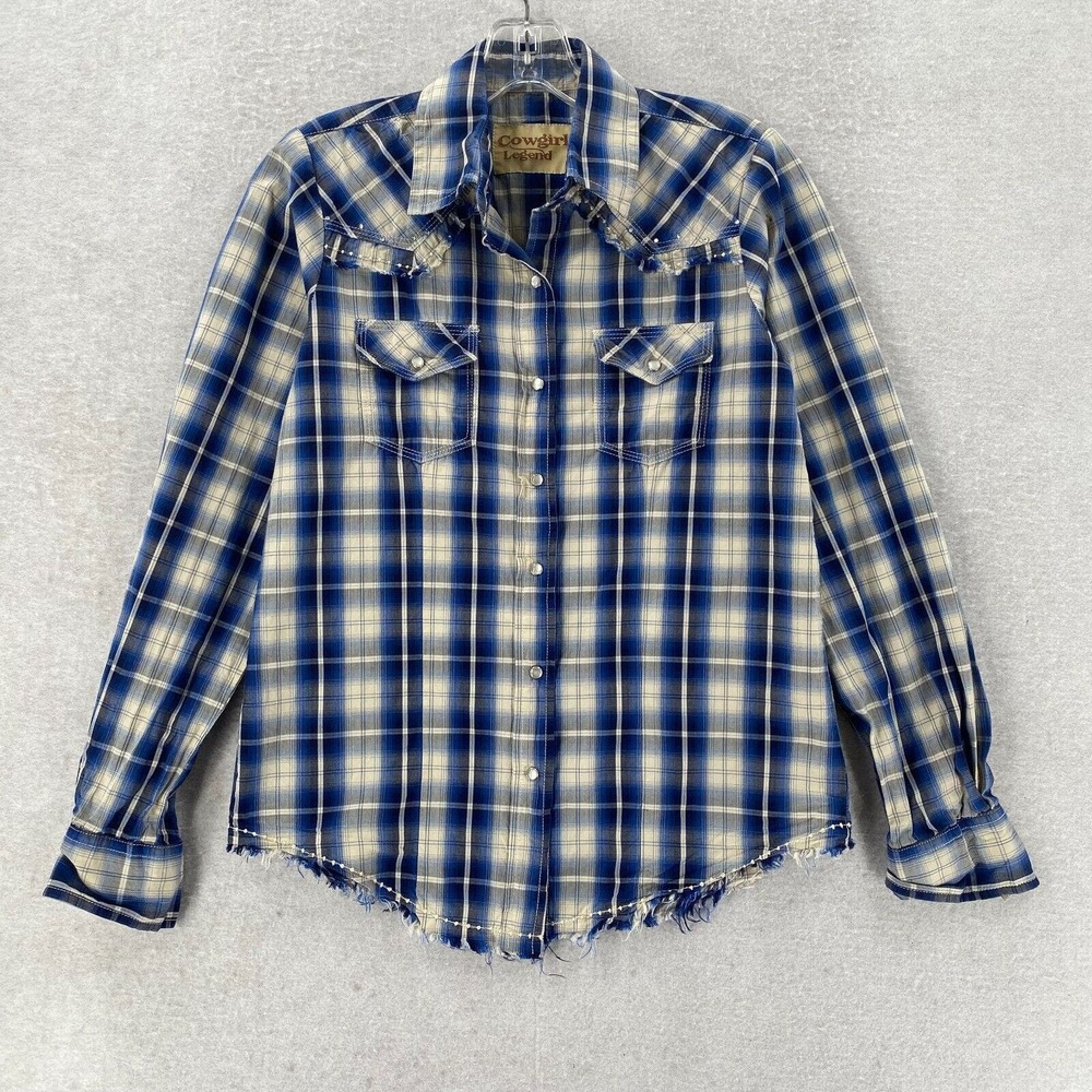 Cowgirl Legend Shirt Womens Med Blue‎ White Plaid Pearl Snap Long Sleeve raw Hem